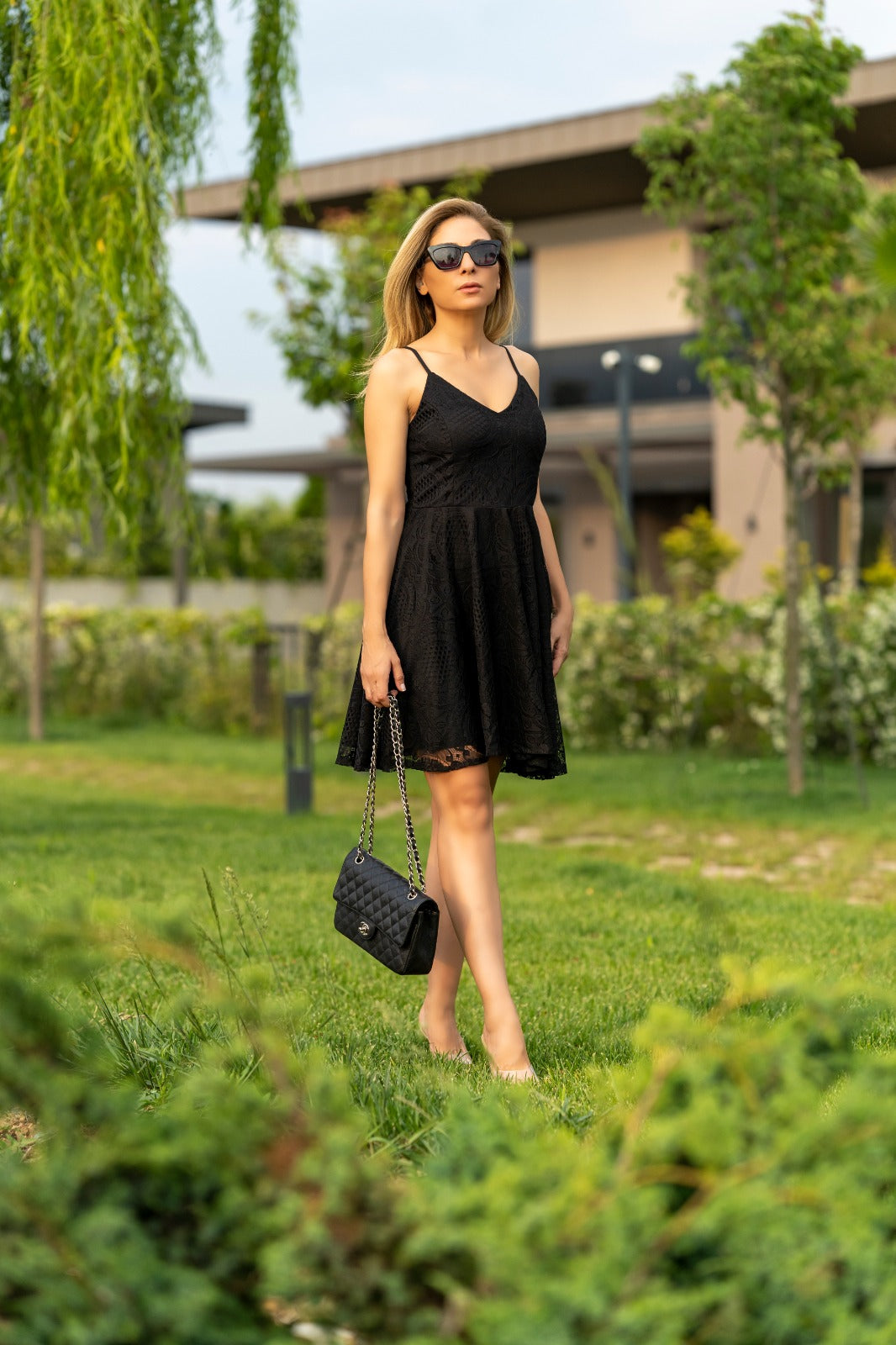 Women Summer Dresses Spaghetti Strap V Neck Flare Sleeveless Cocktail Mini Black Dress
