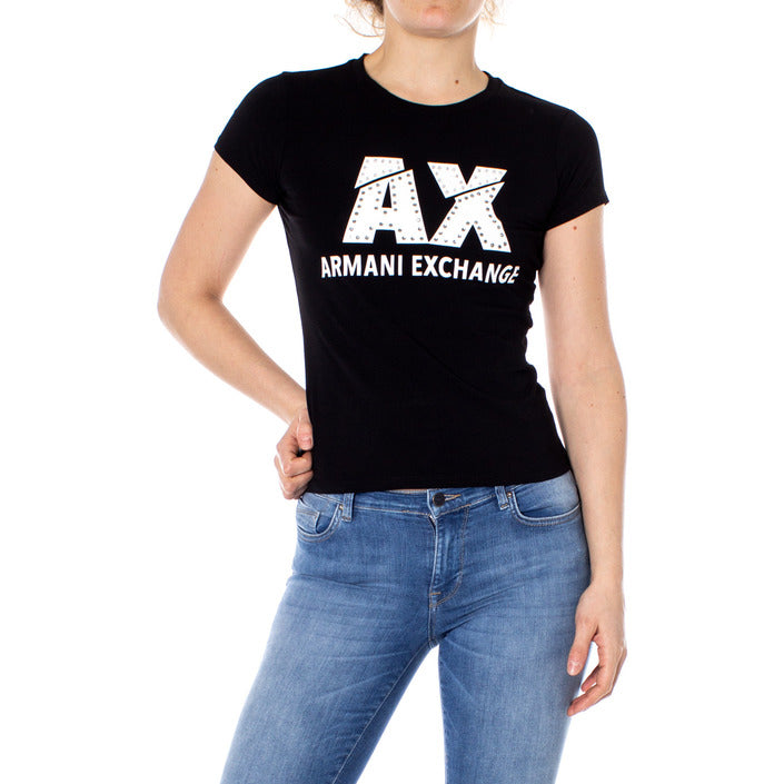 Armani Exchange Women Round Neck Black T-Shirt Short Sleeves Cotton